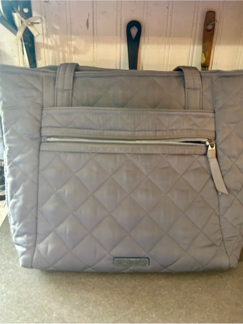Vera Bradley Quilted Light Gray Tote with Front Zip Pocket